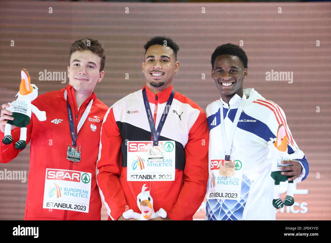 Jakub SZYMA?SKI von Polen, JOSEPH Jason von der Schweiz und Just KWAOU-MATHEY von Frankreich Podium 60m Hurdles Men während der European Athletics Indoor Championships 2023 am 5. März 2023 in der Atakoy Arena in Istanbul, Türkei - Photo Laurent Lairys / DPPI Stockfoto