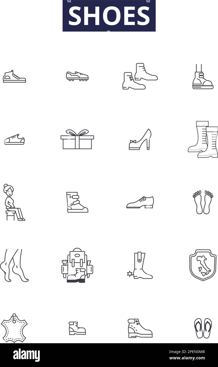 Vektorsymbole und -Zeichen für Schuhlinien. Schuhe, Absätze, Flache Schuhe, Pumps, Sandalen, Sneaker, Slipper, Hausschuhe, Vektorbildner Stock Vektor