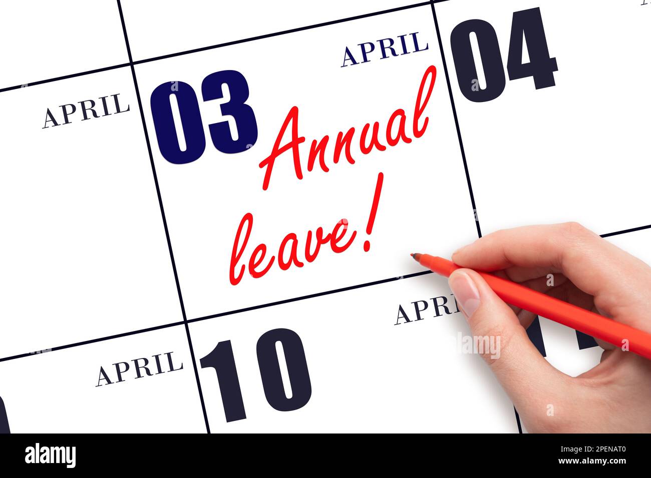 3. AprilTag. Handschriftlich den Text JAHRESURLAUB schreiben und die