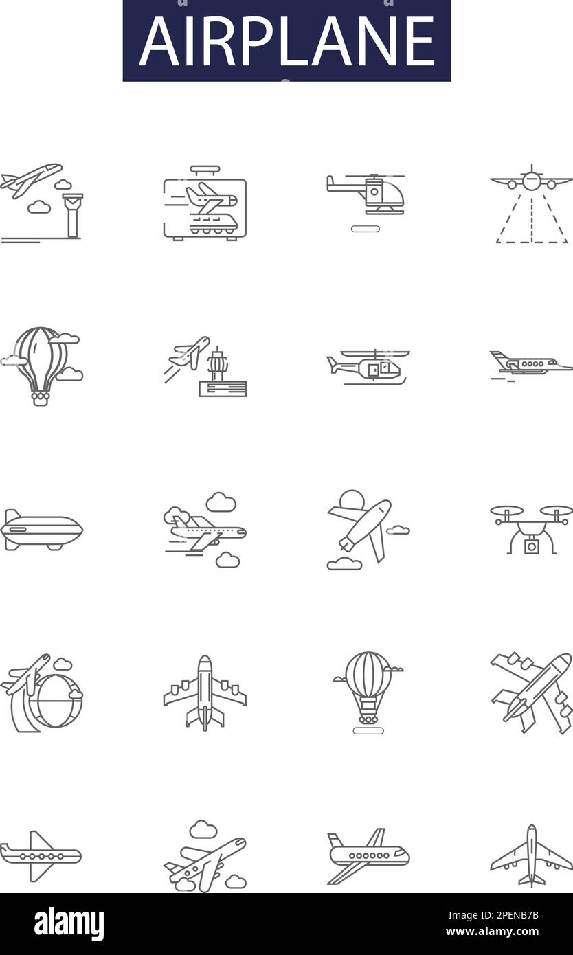 Fluglinien-Vektorsymbole und -Schilder. Jet, Airline, Flug, Flügel, Luft, Darstellungssatz für Ebene, Pilot, Aero-Kontur Stock Vektor