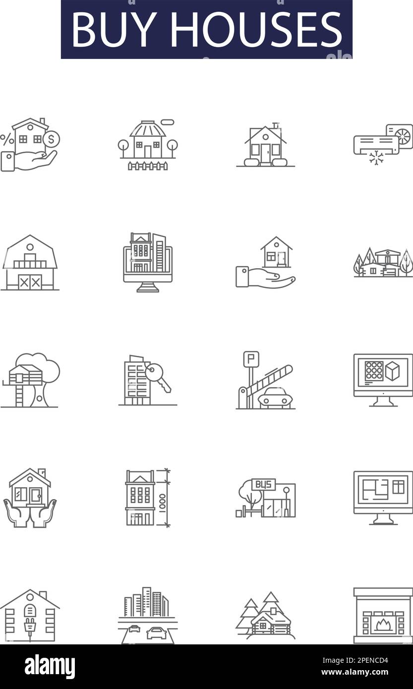 Kaufen Sie Häuser Linienvektorsymbole und -Schilder. Wohnungen, Immobilien, Investition, Immobilien, Erwerb, Haus, Immobilien, Residenz, Umriss-Vektorbildungs-Set Stock Vektor