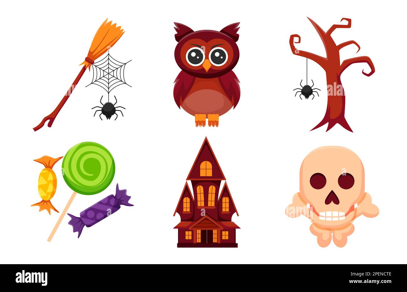 Halloween-Element-Vektorset mit Zauberbesen, Eule, Baum, Süßigkeiten, Spukhaus und Schädel. Design-Element für traditionelles und kulturelles Urlaubskonzept. Stockfoto