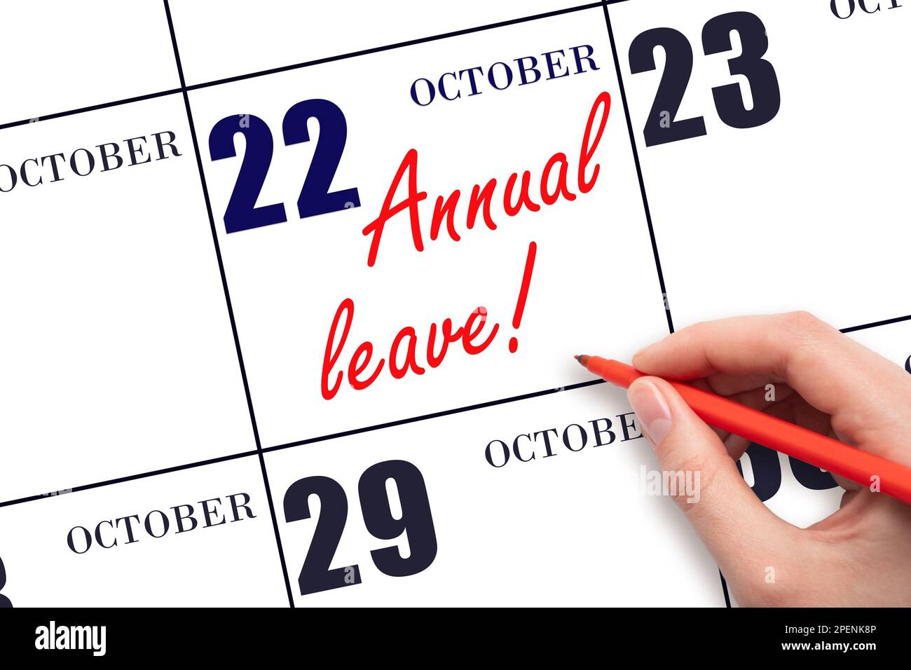 22. Oktober-Tag. Handschriftlich den Text JAHRESURLAUB schreiben und die Sonne am Kalendertag 22. Oktober zeichnen. Merken Sie sich das Datum vor. Zeit für die Feiertage. vakuum Stockfoto