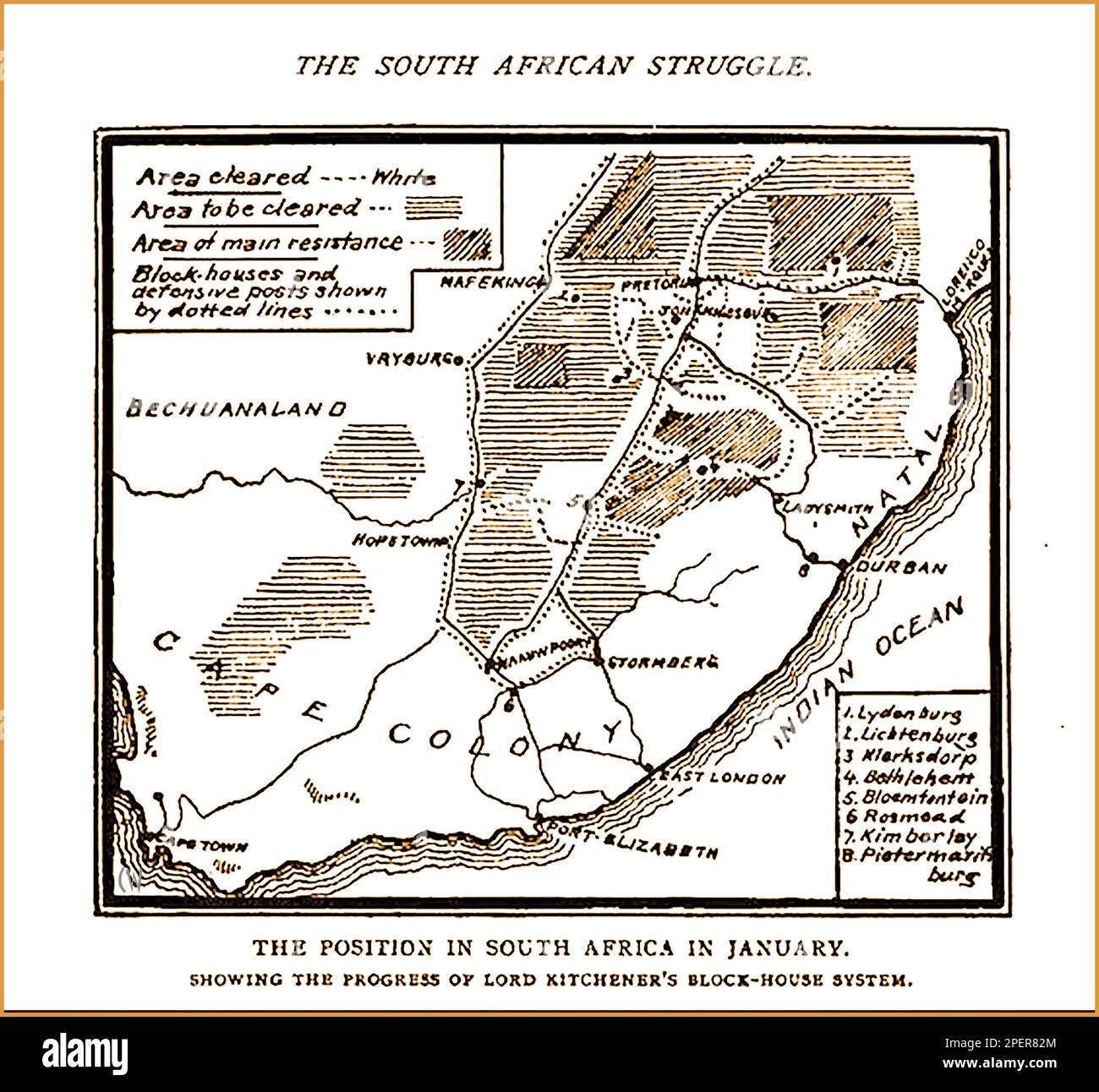 Eine 1892 gedruckte Karte, die den Zustand Südafrikas während der Zeit der Boer-Kriege zeigt -- Een gedrukte kaart uit 1892 met de Staat Zuid-Afrika tijdens de Period van de Boerenoorlogen -- Stockfoto