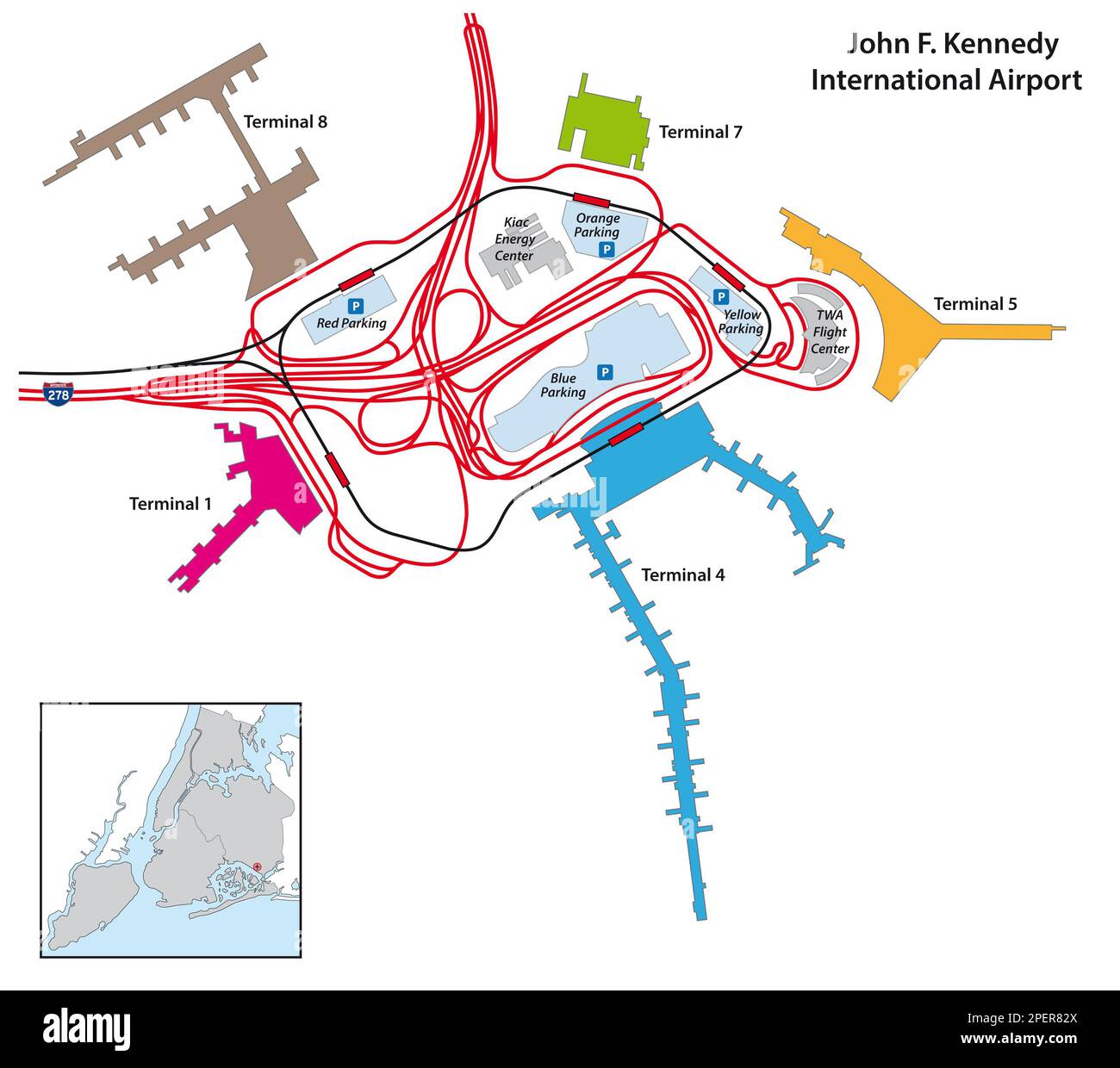 Karte des Terminalbereichs des John F. Kennedy International Airport, New York City Stockfoto