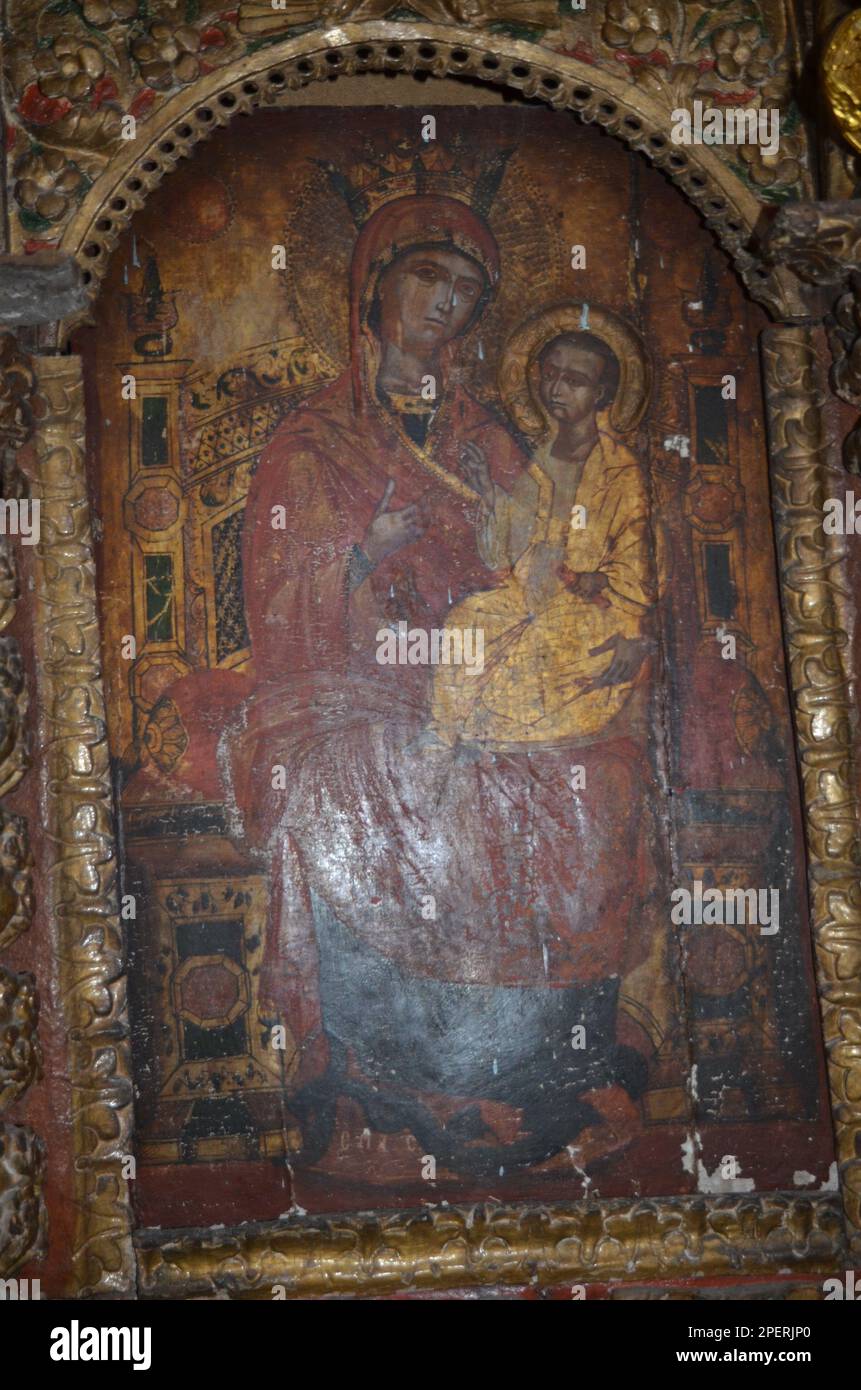 Griechenland, Thessalien, Larisa, das Dorf Elassona Praitori Kirche St. Nikolaus, religiöse Gemälde und hölzerne Skulpturen Stockfoto