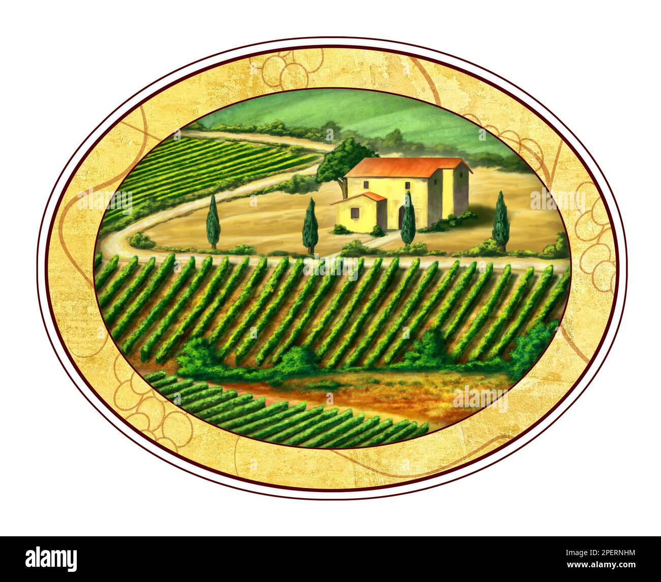 Wunderschöne Weinberge mit elliptischem Etikett. Digitale Illustration. Stockfoto