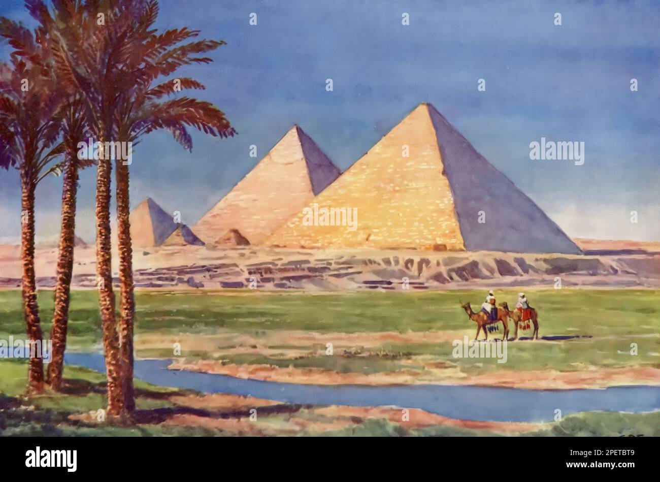 Eine Illustration der Pyramide von Gizeh, Ägypten, c1937. Die Pyramide von Gizeh (auch als Nekropole von Gizeh bezeichnet) ist die Heimat der Großen Pyramide, der Pyramide von Chephren und der Pyramide von Menkaure, zusammen mit den damit verbundenen Pyramidenkomplexen und der Großen Sphinx. Stockfoto