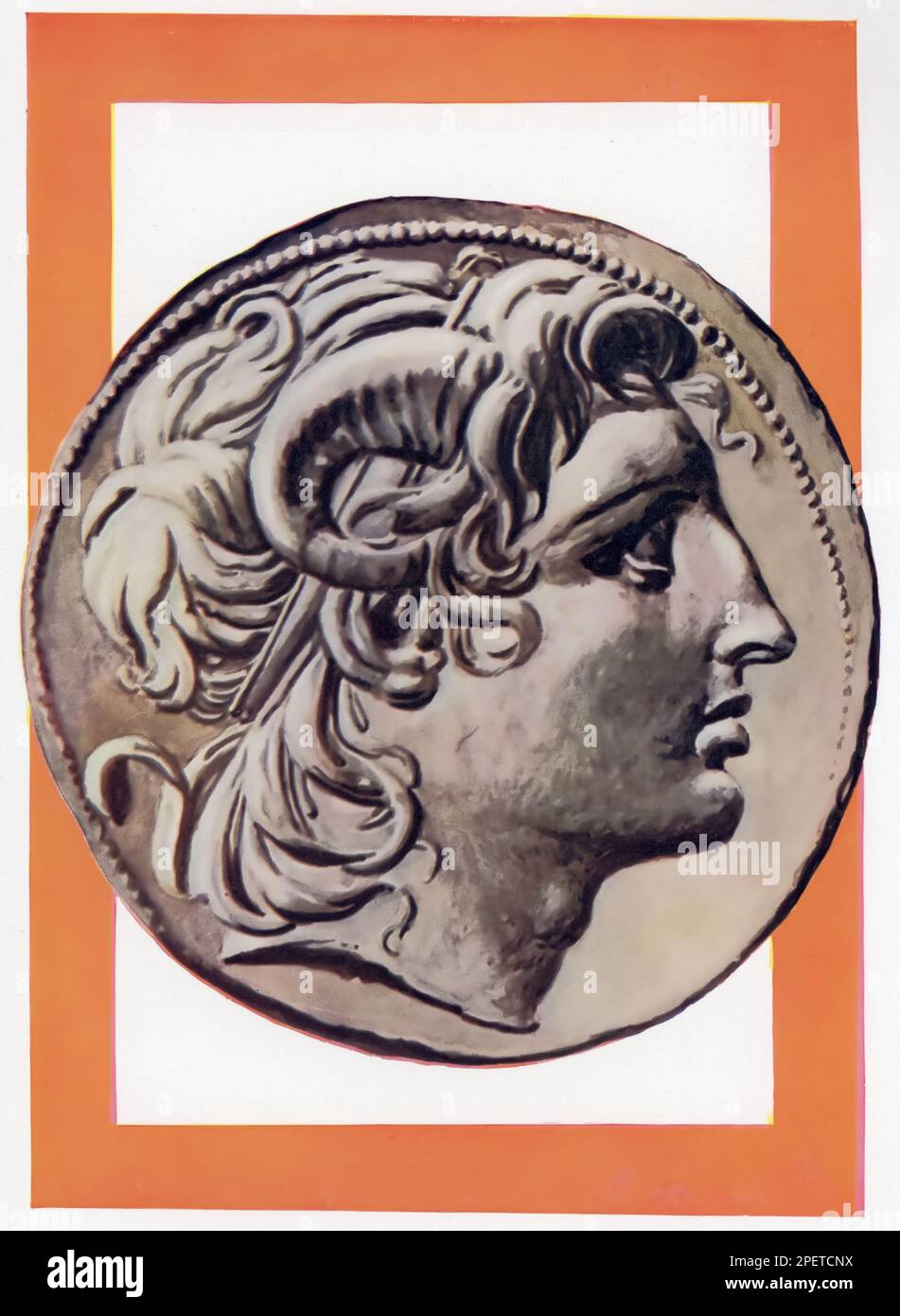 Eine Illustration des Silbernen Tetradrachms von Lysimachus, 305BC-281BC. Die Münze zeigt den Kopf von Alexander III. Von Mazedonien (336-323 v. Chr.). Alexander III. Von Macedon, gemeinhin bekannt als Alexander der große, war ein König des antiken griechischen Königreichs von Macedon. Stockfoto