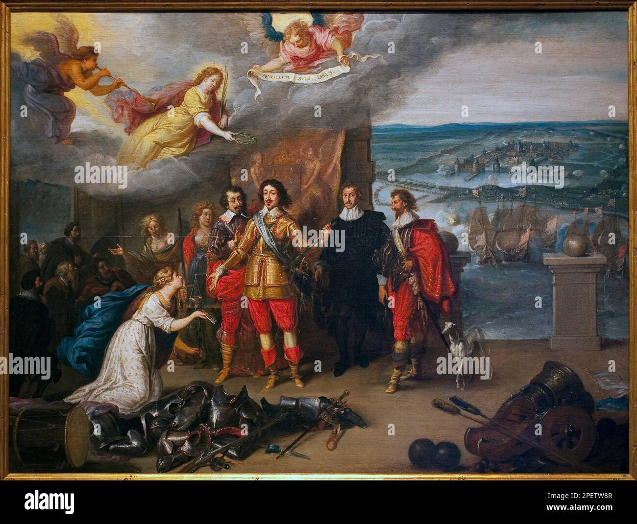 Louis XIII (1601-1643) Recevant les clefs de La Rochelle. La jeune femme a genoux est l'allegorie de La Rochelle, suivie du Corps de ville. Les trois personnages qui entourent le roi sont les Principaux Cheefs militaires des Operations menees contre les anglais en octobre 1628, Francois de Bassompierre (1579-1646) (a droite), Charles d'Angouleme (1573-1650) (au Centre) und Henri de Schomberg (1575-1632) (a gauche). Le boulet pose sur le Socle a droite evoque le sang froid du roi lorsqu'un boulet tomba a quelques metres de lui, sans qu'il en soit emu. Ein Ankunftsplan erinnert uns an die Ville de La Stockfoto