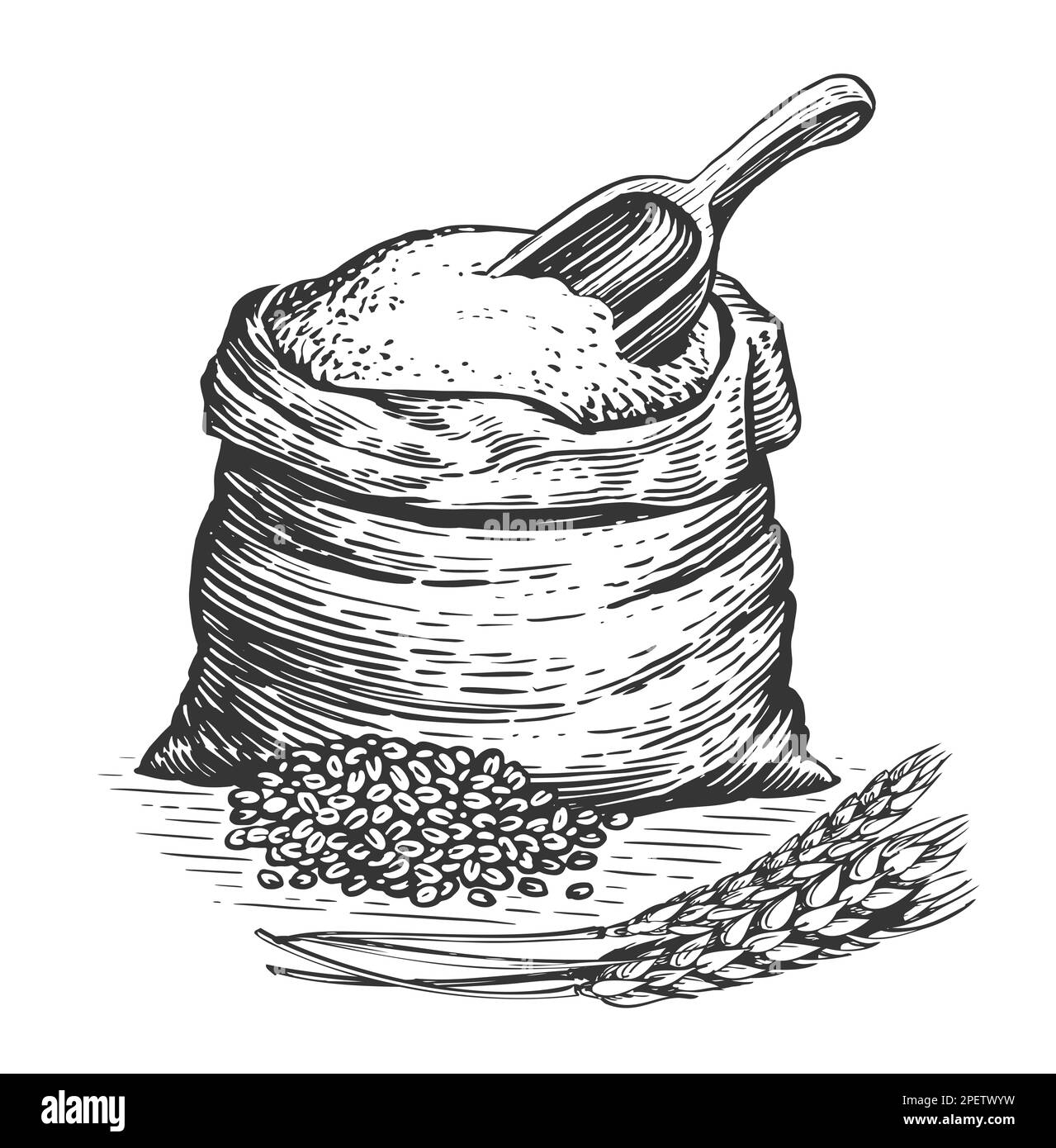 Sack oder Sack mit Vollkornbrotmehl, Gerstenkörnern, Holzlöffel und Ähren von Weizen. Skizze von Bauernfutter Stockfoto