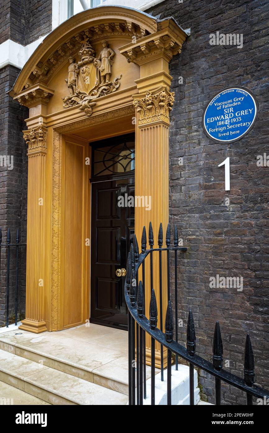 Sir Edward Grey Blue Plaque Queen Anne's Gate, Westminster, London - Viscount Grey von Falloden SIR EDWARD Grey 1862-1933 Außenminister lebte hier Stockfoto
