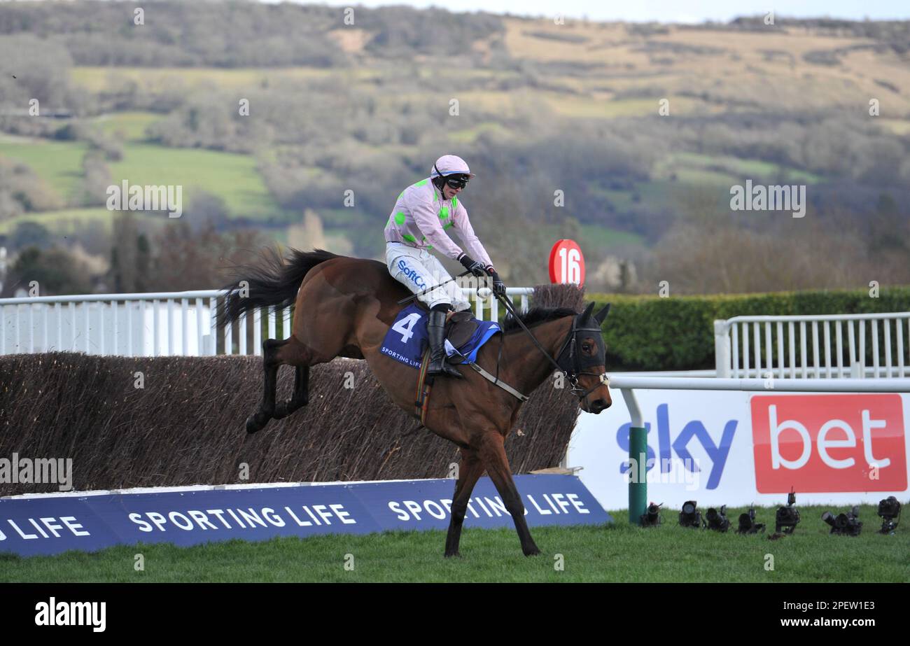 Rennen 2 die Sporting Life Arkle Trophy Ha D'Or springt am 1. Tag des Cheltenham Festivals zu den letzten Pferderennen auf der Cheltenham Racecourse Stockfoto