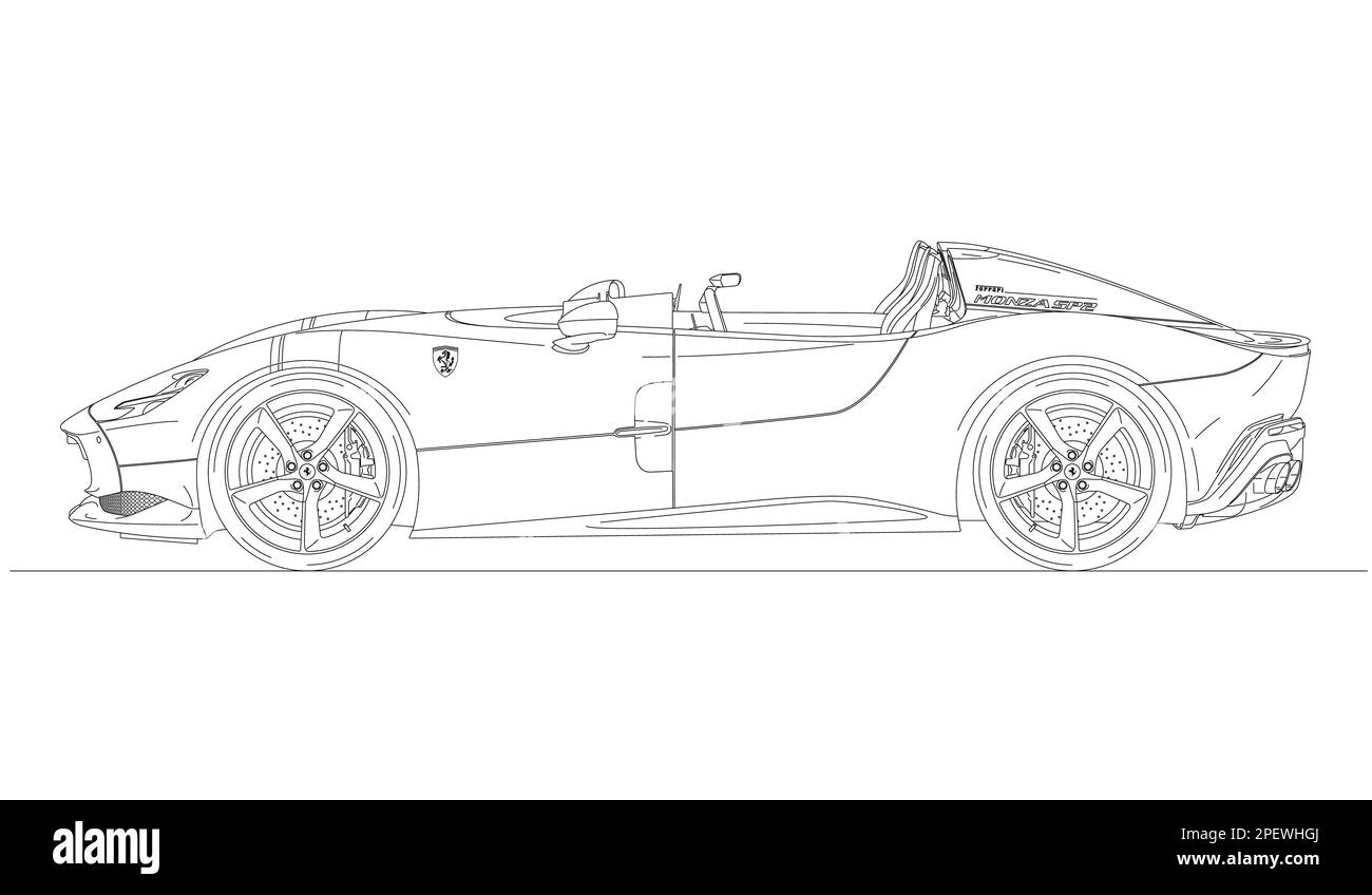 Maranello, Italien, Jahr 2018, Ferrari Monza SP2 Special Super Car Roadster, Silhouette auf weißem Hintergrund, Illustration Stockfoto