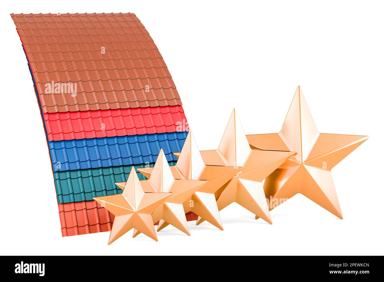 Farbige Dachziegel aus Metall mit fünf goldenen Sternen. Kundenbewertung, 3D-Rendering isoliert auf weißem Hintergrund Stockfoto