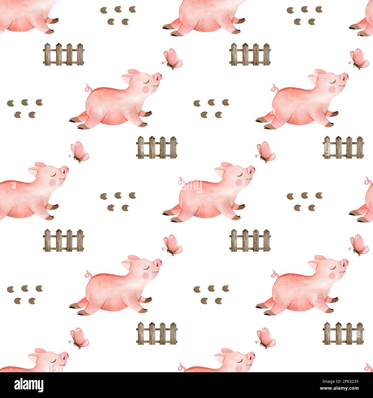 Aquarelle, nahtlose Musterzucht mit Haustieren. Pferd, Schaf, Kuh, Schwein, Gans, Hühnchen. Ackerland, kindisches Nahtmuster. Textilien, post Stockfoto