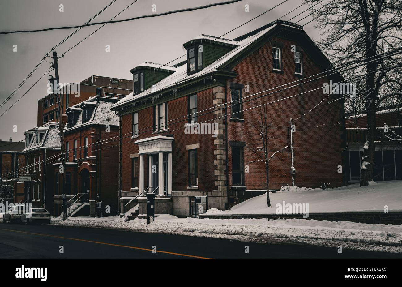 Drei Backsteingebäude entlang der Barrington Street, Hart House, Sarah Moren House Stockfoto