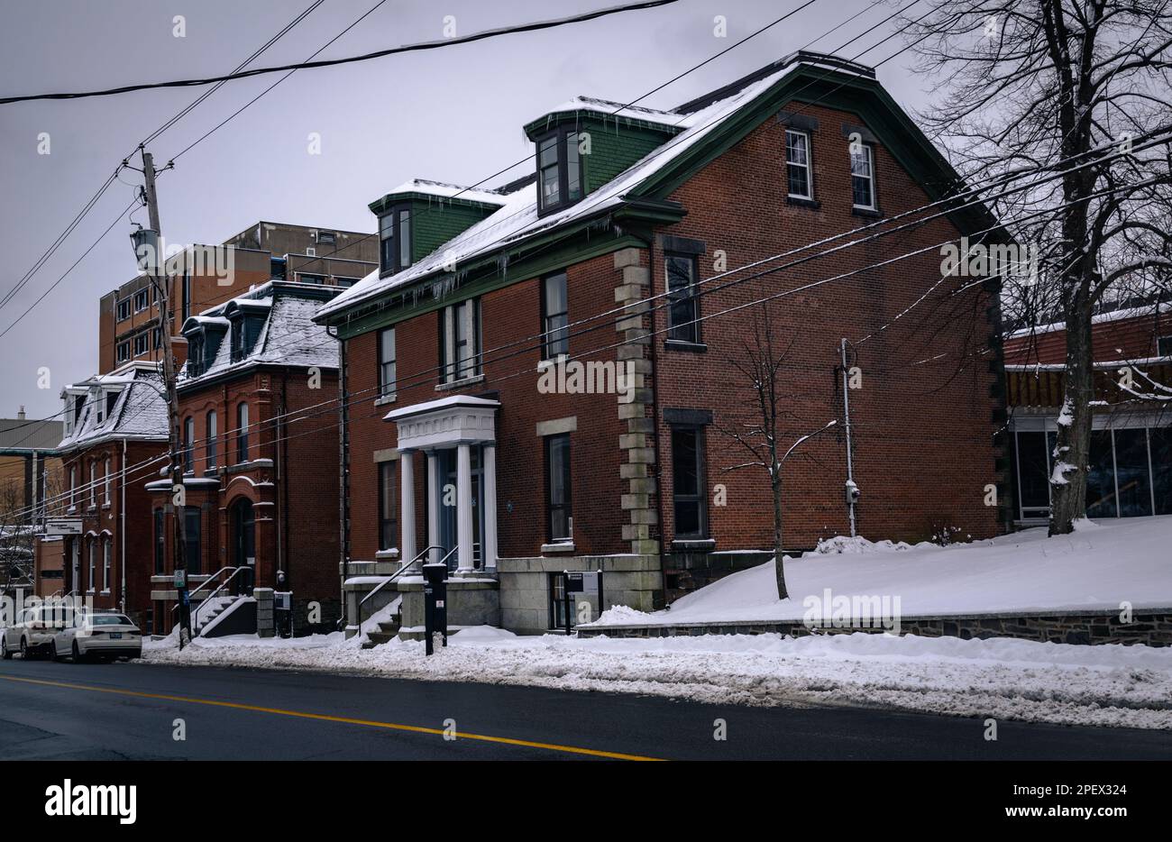 Drei Backsteingebäude entlang der Barrington Street, Hart House, Sarah Moren House Stockfoto