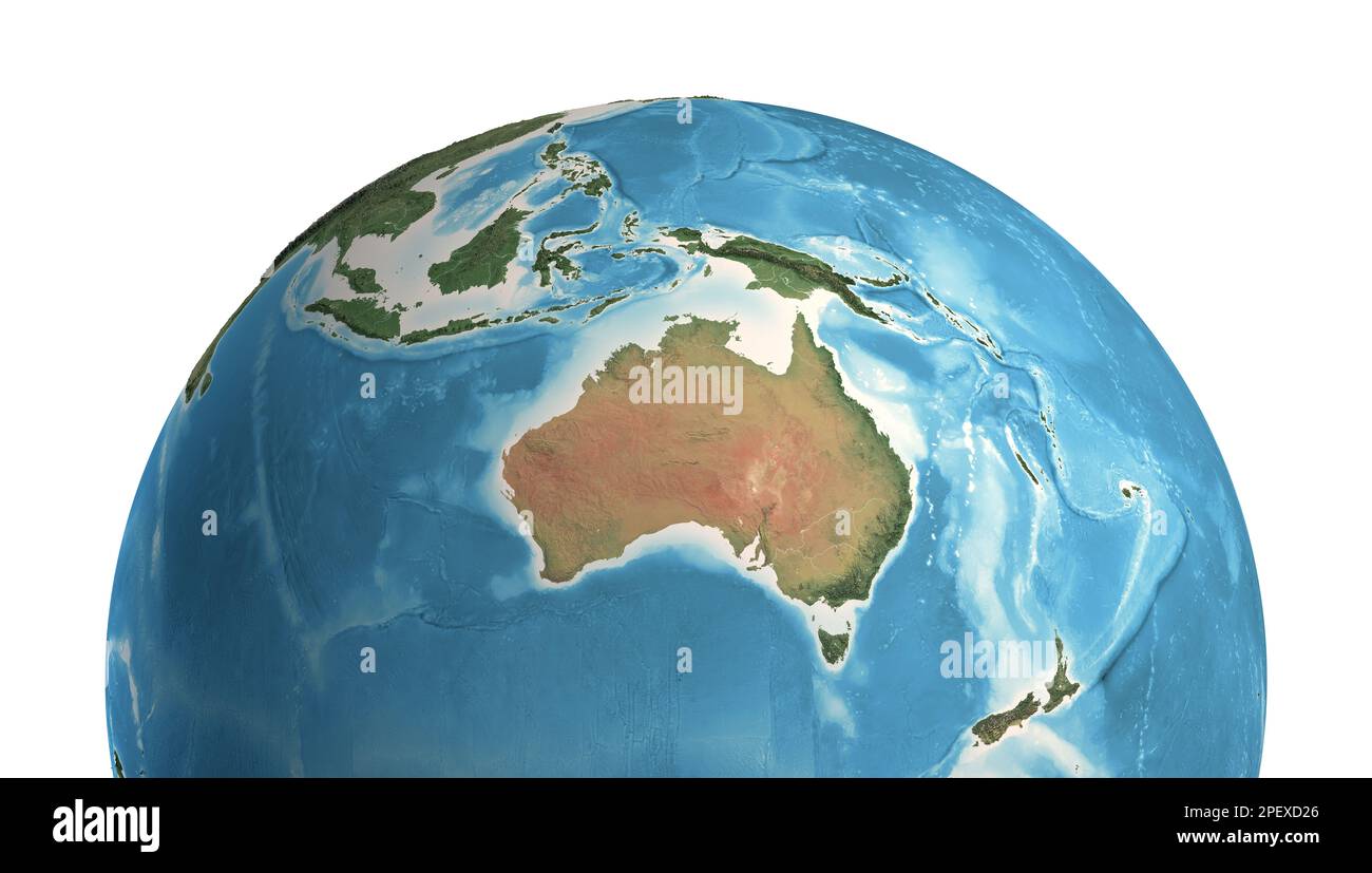 Hochauflösende Satellitenansicht des Planeten Erde mit Schwerpunkt auf Ozeanien, Australien und Neuseeland, Melanesien, Polynesien und Mikronesien - NASA-Elemente Stockfoto