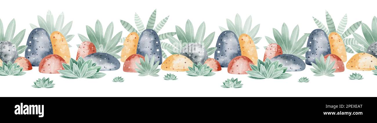 Aquarell nahtlose Randsteine Satz von Illustrationen von Steinen.Abstrakte geometrische Formen. Sammlung von Zeichentricksteinkonzepten. Stockfoto