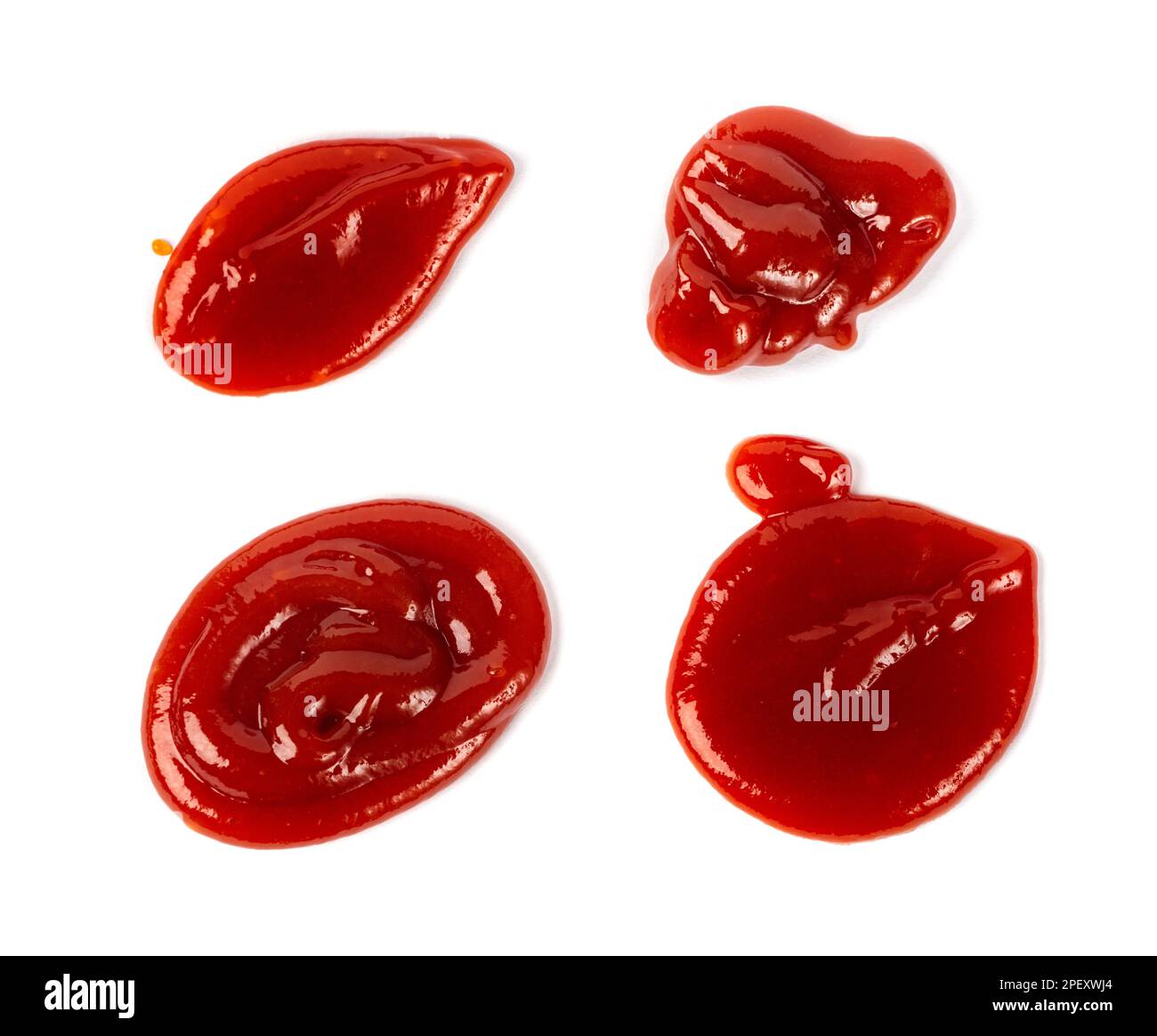 Ketchup Tropfen Set Isoliert, Tomatensauce Spritzer, Catsup Fleck, Heißes Püree Verschüttet, Roter Dressing Tropfen, Ketchup Drops Kollektion Stockfoto