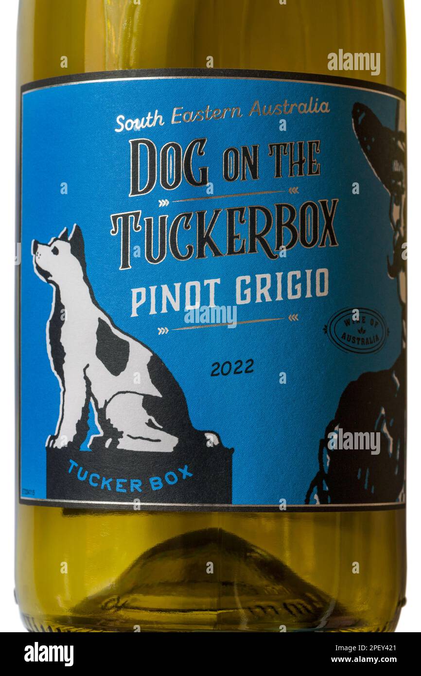 Etikett auf dem Hund auf der Tuckerbox Pinot Grigio 2022 Flasche Weißwein - Wein aus Südostaustralien Stockfoto