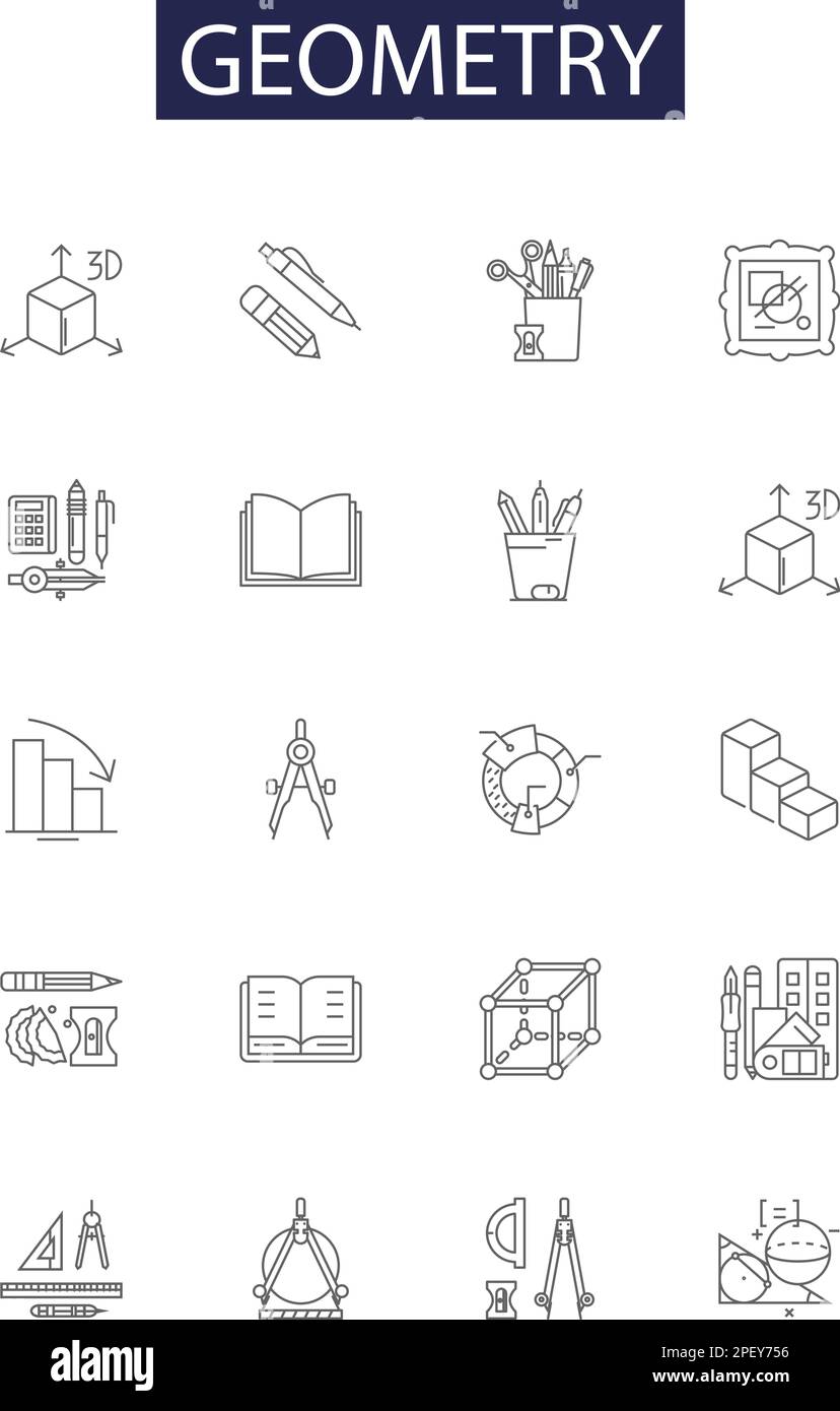 Symbole und Zeichen für Geometrielinien-Vektoren. Winkel, Linien, Dreiecke, Kreise, Punkte, Polygone, Oberflächen, Polygone Konturvektor-Zeichnungssatz Stock Vektor