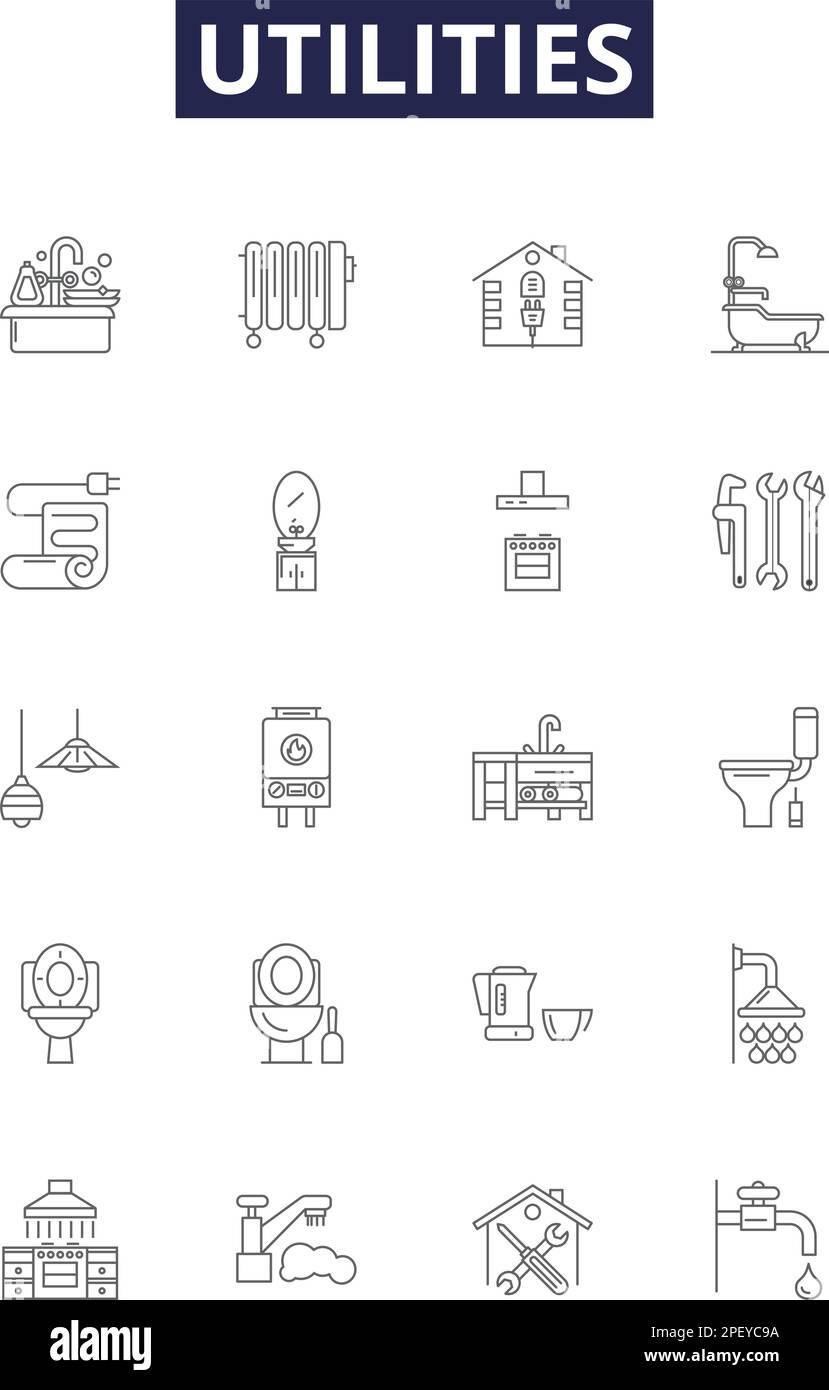 Vektorsymbole und -Zeichen für Dienstprogramme. Energie, Strom, Energie, Energieversorgung, Technologie, Versorgungs-, Haus-, Kabelkontur-Vektorbildungs-Set Stock Vektor