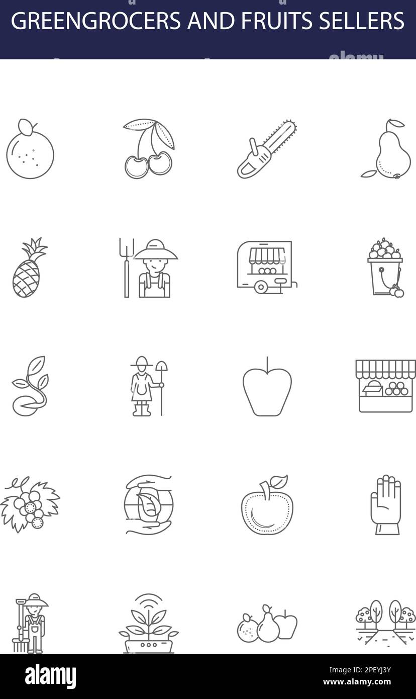 Lebensmittelhändler und Obstverkäufer zeichnen Vektorsymbole und -Schilder. verkäufer, Geschäft, Gemüsehändler, Obst, frisch, Markt, Lebensmittel, Ladenumriss-Vektor Stock Vektor