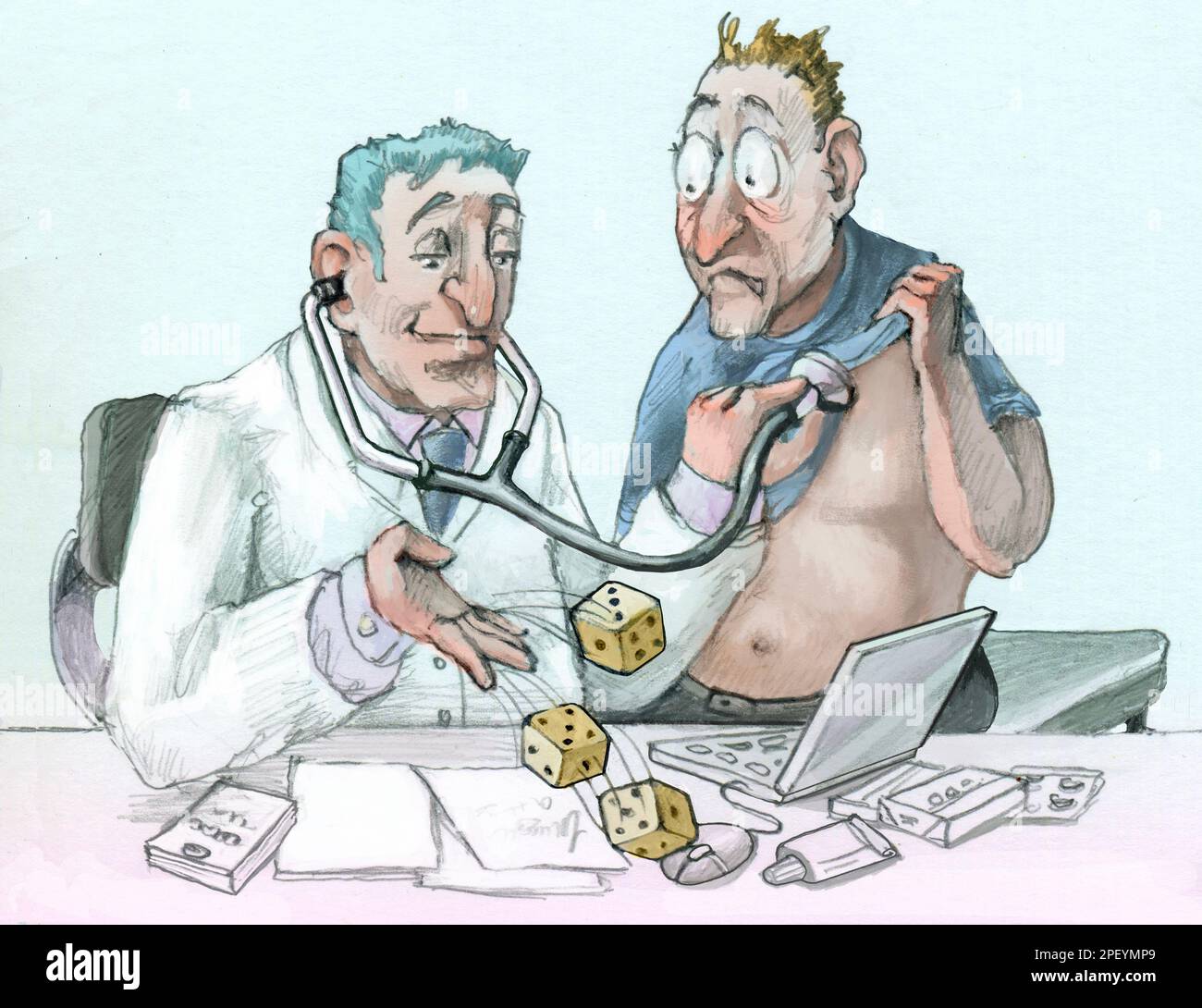 Ein Arzt würfelt beim Besuch eines Patienten, ein Glückskonzept in der Diagnose Stockfoto
