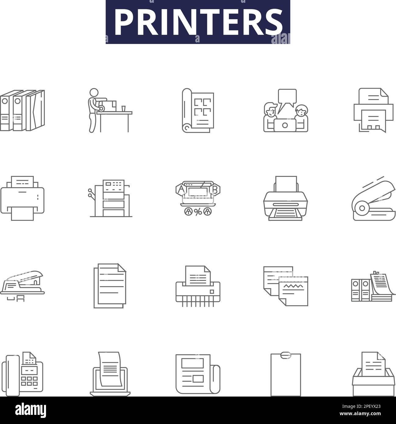 Drucker Linienvektorsymbole und -Zeichen. Drucken, Tinte, Laser, Toner, Canon, Epson, HP, Network Outline Vector Illustration Set Stock Vektor