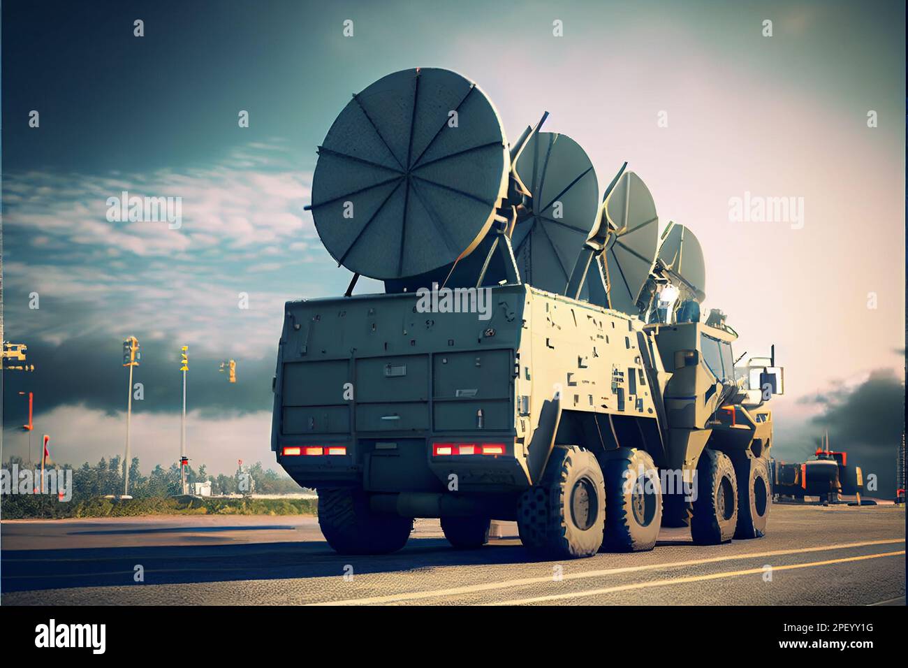Luftabwehrradars militärischer mobiler Flugabwehrsysteme in grüner Farbe und ballistischer Raketenwerfer mit vier Marschflugkörpern in der Mitte des Rahmens, Stockfoto