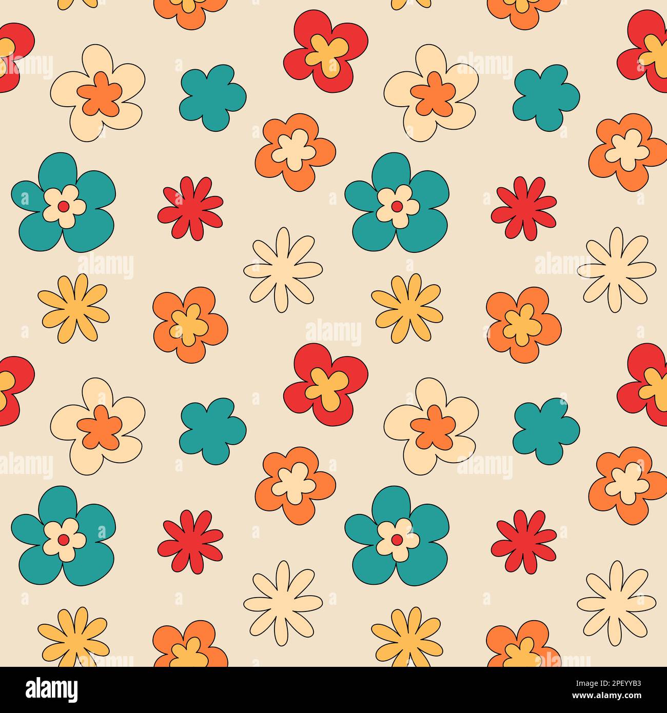 Groovy farbenfrohes, nahtloses Blumenmuster. Retro-Hippie-Blumen Vektorpapier Stock Vektor