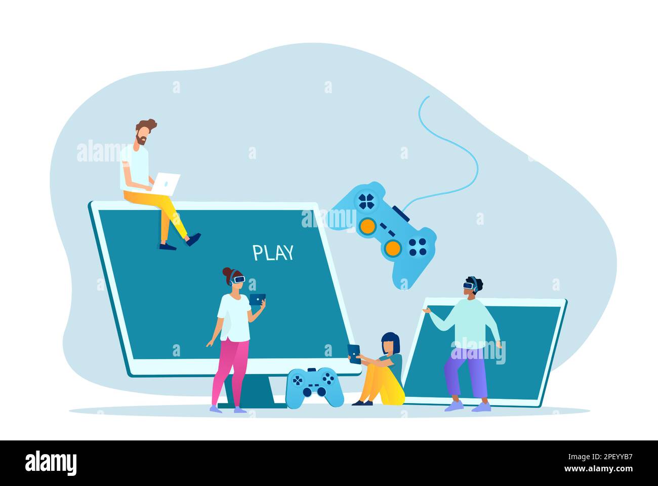 Vektor einer Gruppe junger Gamer, die auf verschiedenen Geräten spielen: Mobiltelefon, Tablet, Laptop, Konsole. Stock Vektor