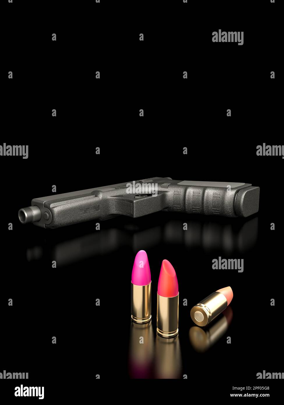 3D-Renderpistole und Kugeln mit Lippenstift Stockfoto