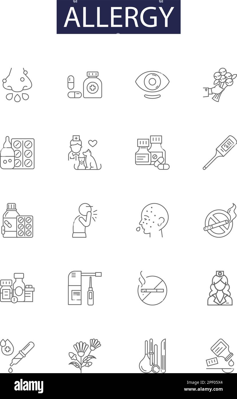 Allergielinienvektorsymbole und -Zeichen. Niesen, Asthma, Heuschnupfen, Unverträglichkeit, Allergie, Keuchen, Juckreiz, Rhinitis Stock Vektor