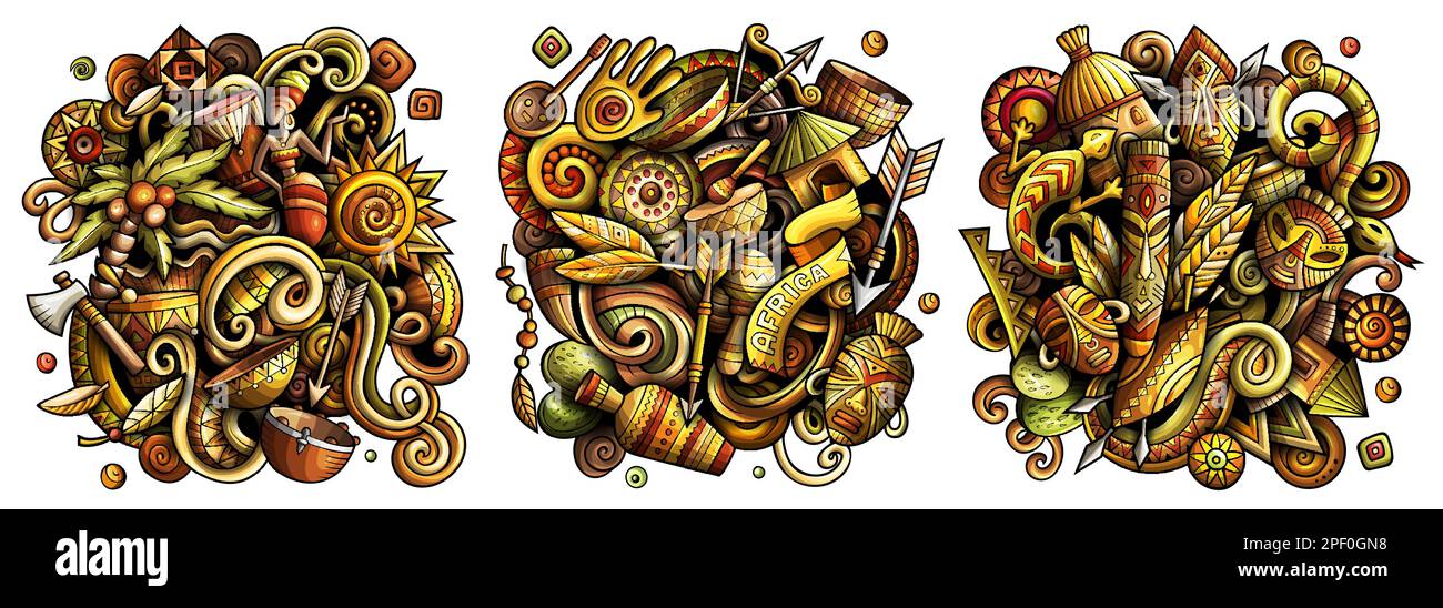 Afrika Cartoon Vektor Doodle Designs Set. Farbenfrohe, detailreiche Kompositionen mit vielen afrikanischen Objekten und Symbolen. Isoliert auf weißen Abbildungen Stock Vektor