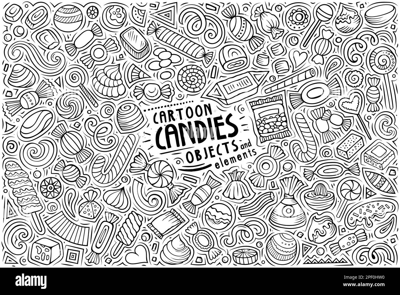 Strichgrafiken-Vektor-Zeichentrickfilm Set mit Candies-Themen, Objekten und Symbolen Stock Vektor