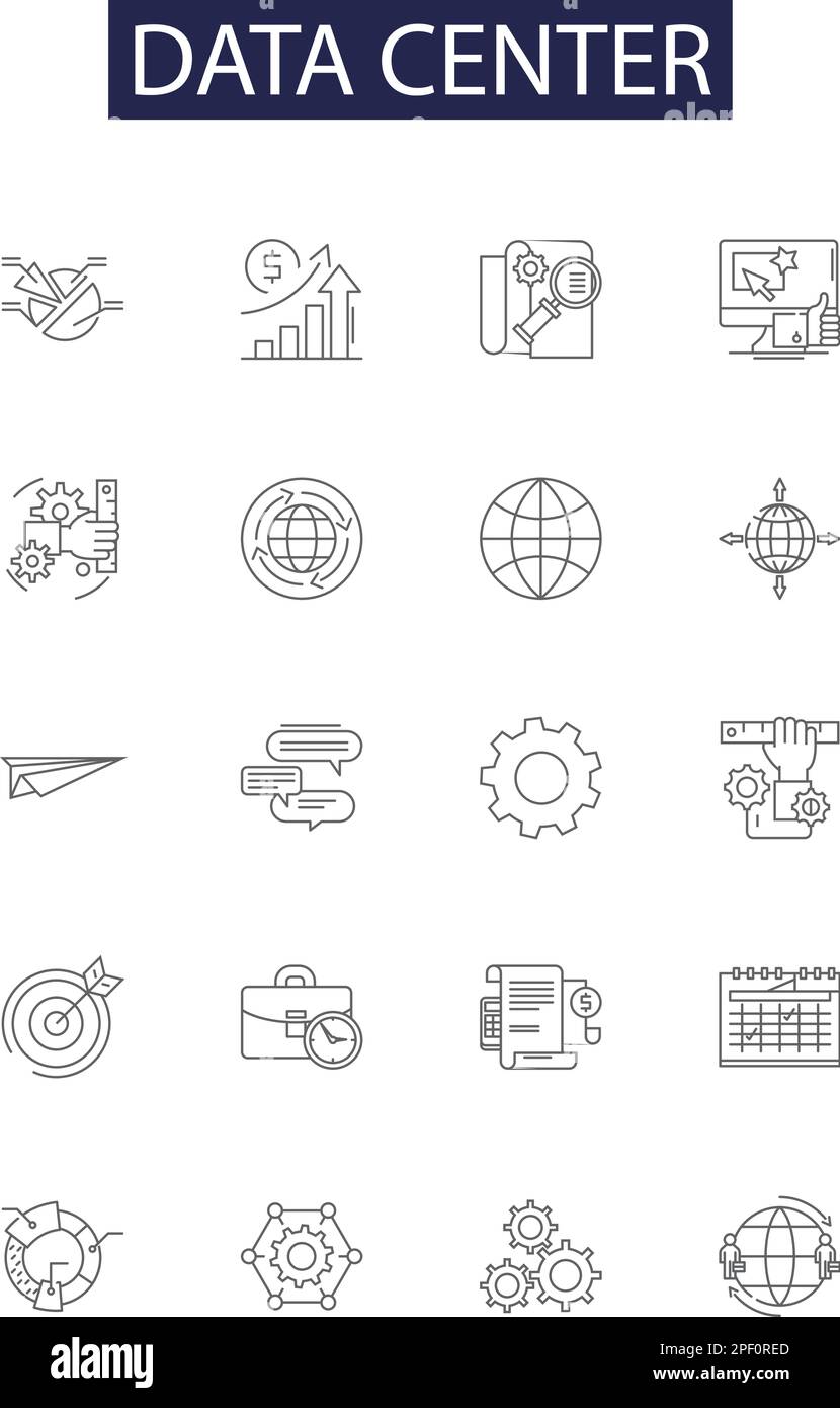 Liniensymbole und -Schilder für Rechenzentren. Center, Server, Computing, Speicher, Backup, Architektur-, Netzwerk- und Anlagenkontur, Vektorbildungs-Set Stock Vektor