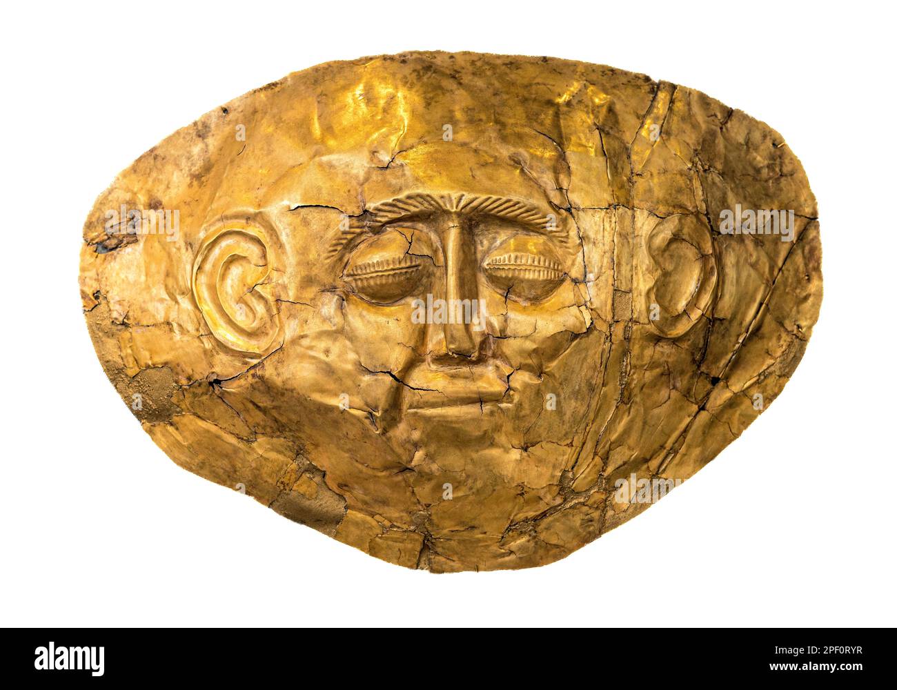 Eine goldene Grabmaske aus dem 16. Jahrhundert v. Chr. aus Grab IV des Grabkreises A im antiken Mykene, Peloponnes, Griechenland. Stockfoto