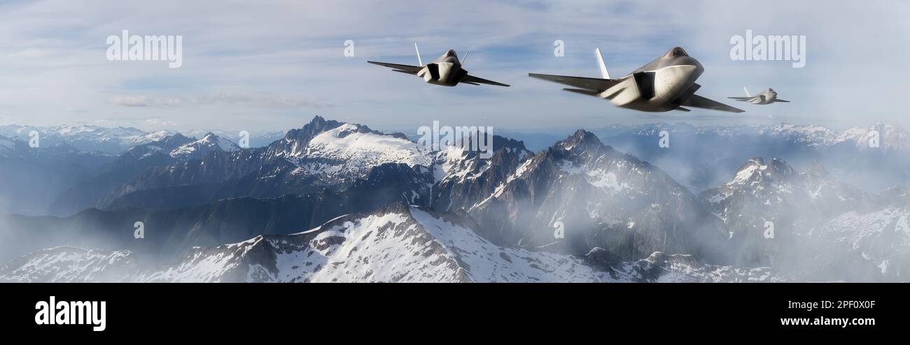Militärjets fliegen über die Berggipfel. Stockfoto