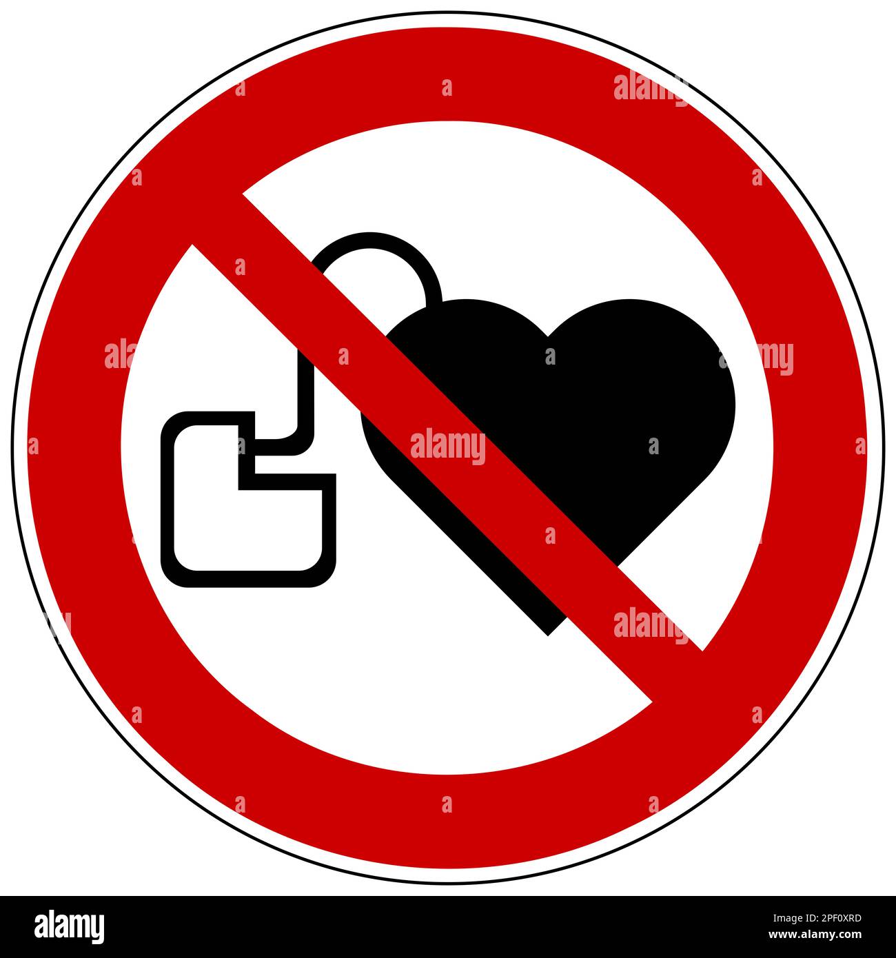 ISO 7010 kein Zugang für Personen mit aktiven implantierten Herzgeräten Schild Stockfoto