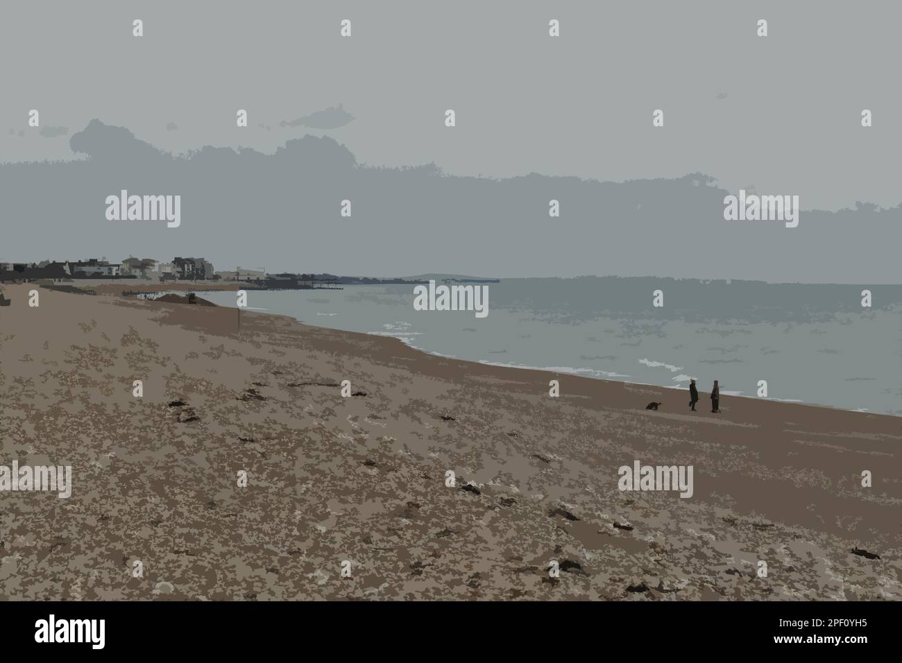 Abbildung von Menschen, die mit dem Hund am Strand spazieren gehen, mit Blick auf Bognor Regis und darüber hinaus. Stockfoto