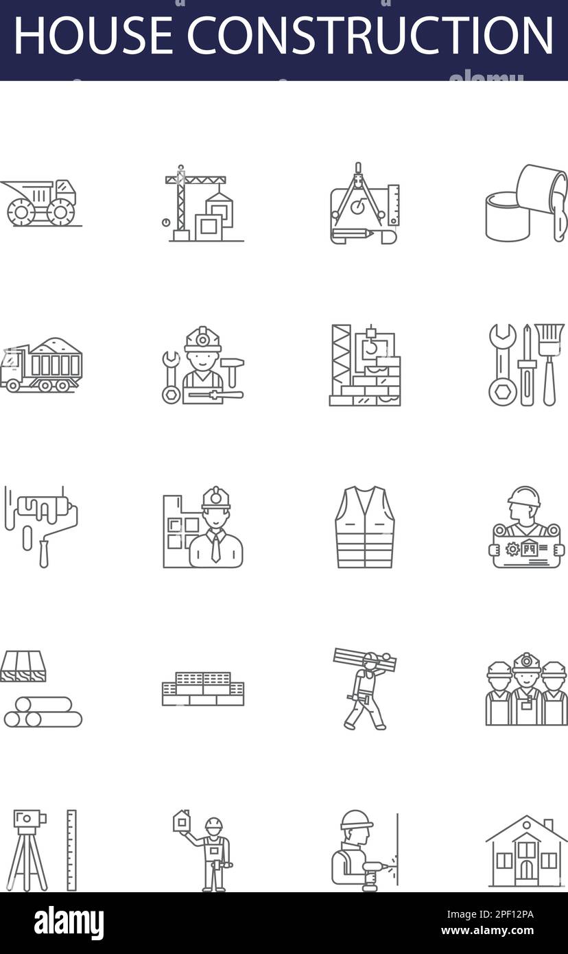 Vektorsymbole und -Zeichen für Hausbaulinien. Konstruieren, Aufstellen, Rahmen, Rahmen, Mauerwerk, Fundamente, Wände, Dachdeckenvektor Stock Vektor