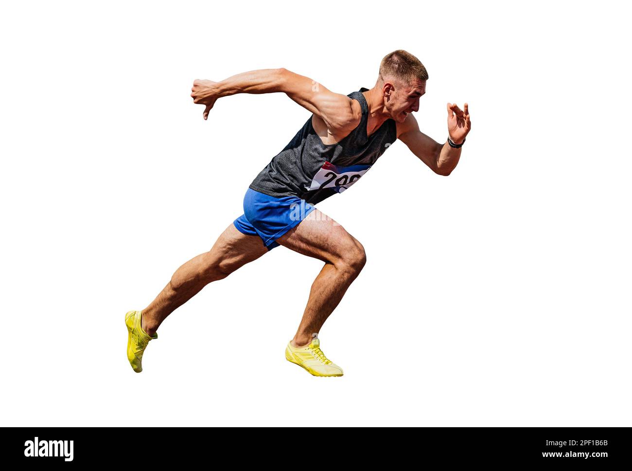 Sportler, der mit dem Laufen beginnt, Sprint auf weißem Hintergrund, Sportfoto Stockfoto