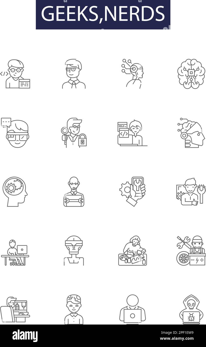 Geeks, Nerds Linien-Vektorsymbole und -Zeichen. Nerds, STEM, Technologie, Programmierer, Wissenschaftler, Computer, Mathematik, Konturdarstellung Stock Vektor