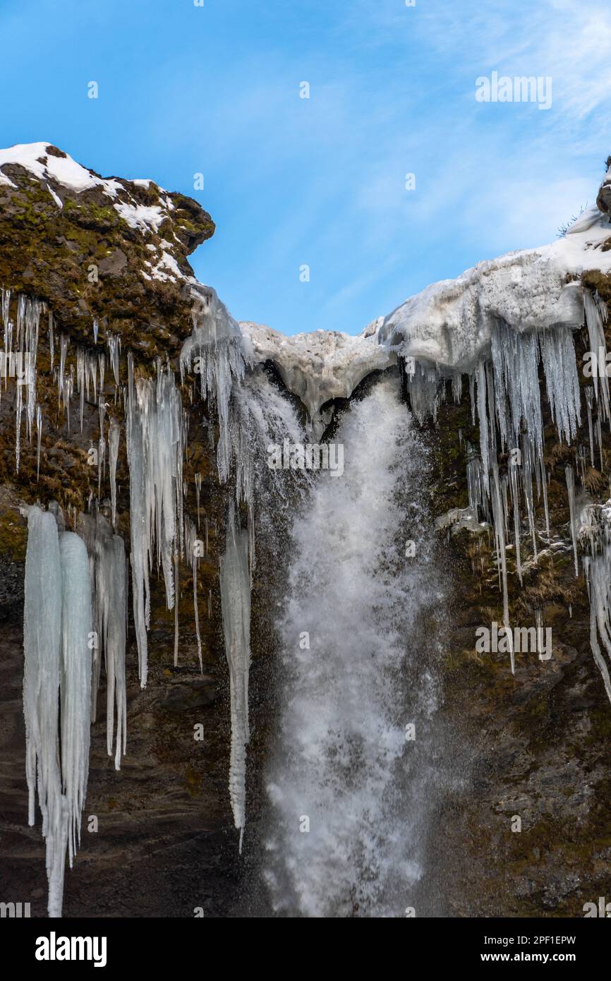 Der gefrorene Kvernufoss Wasserfall, mit Schnee und bläulichen Stalagmiten mit Wasser, das wie eine Höhle und ein wolkiger Himmel in Island von der Aussicht fällt Stockfoto