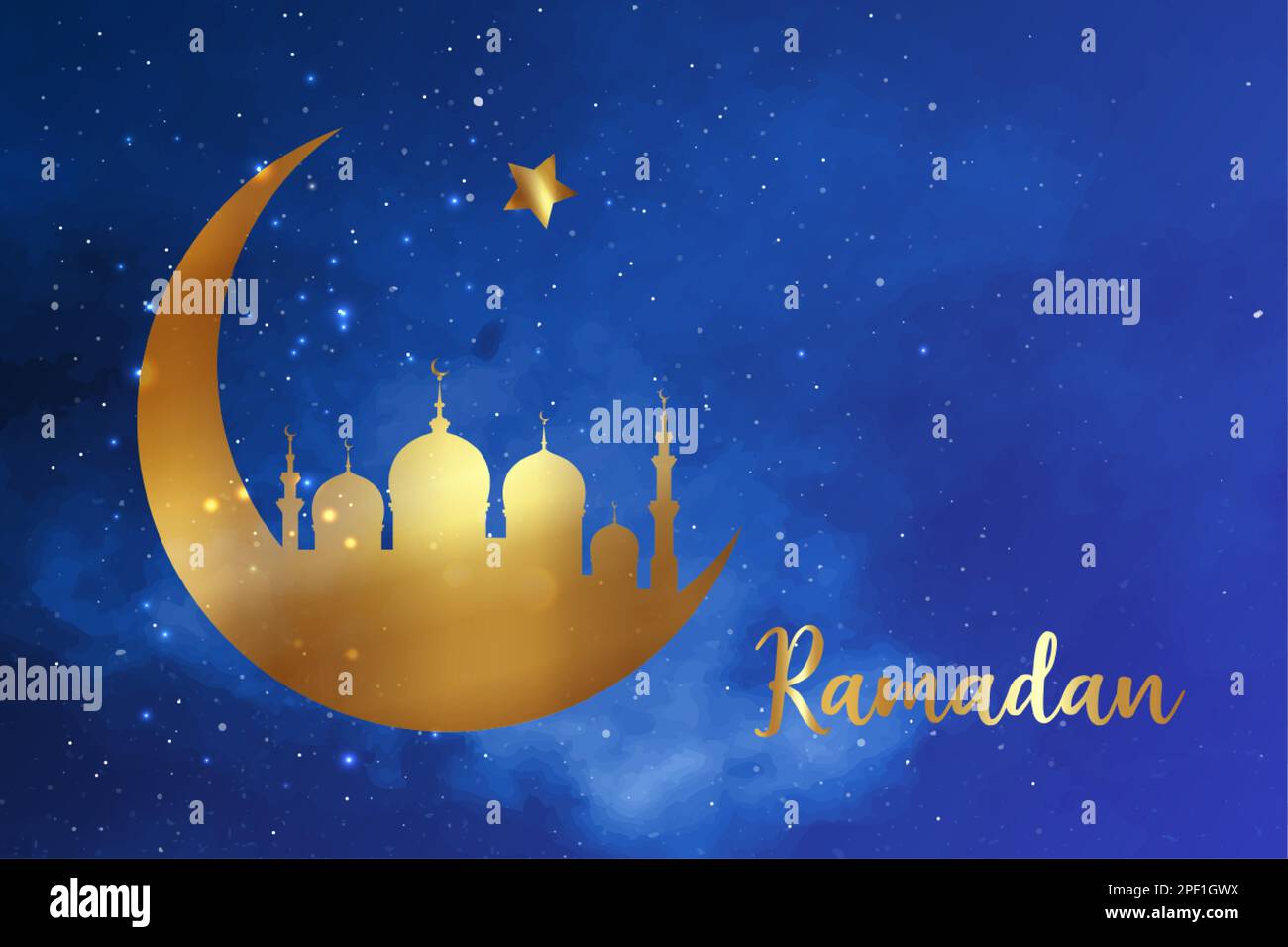 Ramadan-Konzept in Halbmondform mit arabisch-islamischer Moschee zur Feier des Heiligen Monats der muslimischen Gemeinschaft, goldene Vektorsilhouette Stock Vektor