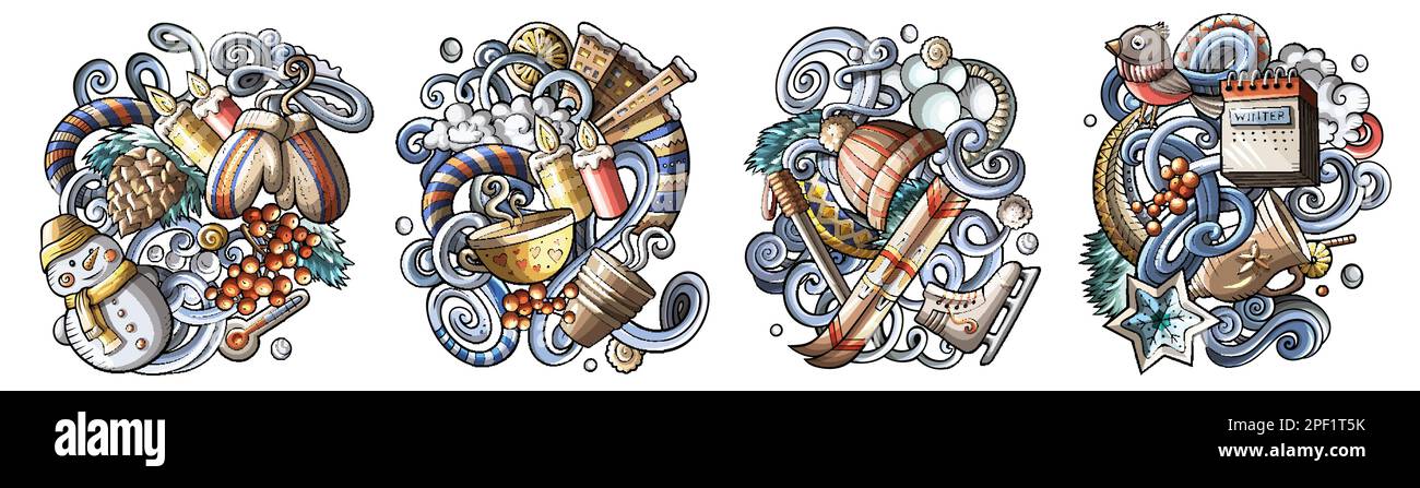 Winter Cartoon Vektor Doodle Designs Set. Farbenfrohe, detailreiche Kompositionen mit vielen saisonalen Objekten und Symbolen. Isoliert auf weißen Abbildungen Stock Vektor