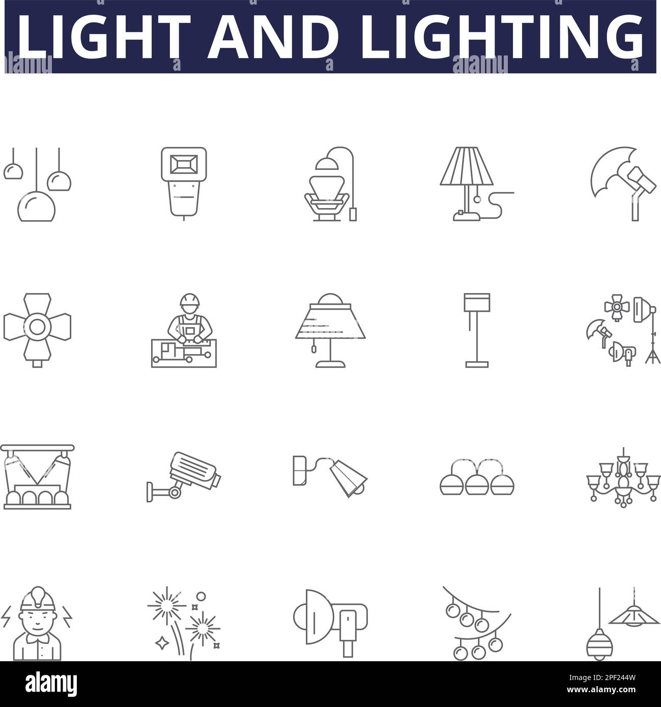 Vektorsymbole und Schilder für Licht- und Beleuchtungslinien. Beleuchtung, Neon, Sonnenlicht, Ambiente, Glitzereffekt, Kerzenlicht, Blendung, Schatten-Kontur-Vektor Stock Vektor